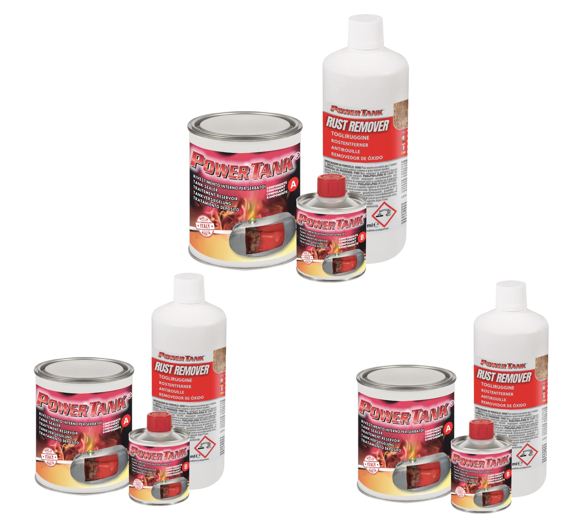 POWER TANK - Tratamiento Tanque Deposito Moto Kit 3 x 20/25 LT Mediano 700 g para Interior de Tanques de Gasolina Elimina Óxido Repara Protege Tanques Oxidados de Motos Autos Vespa de Época