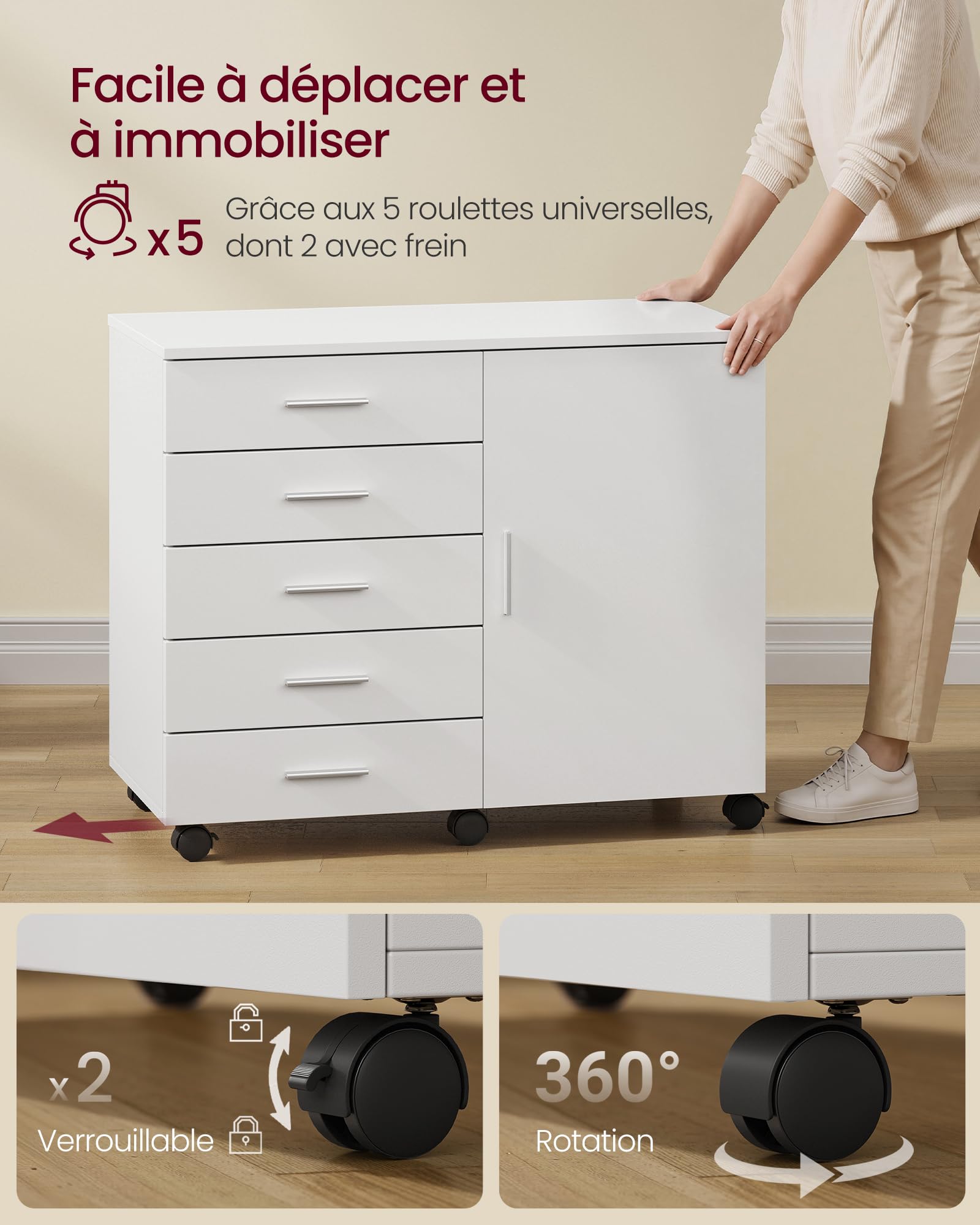 VASAGLE Caisson de Bureau, Meuble de Rangement avec 5 Tiroirs et 1 Porte, Support Imprimante sur roulettes, 80 x 40 x 65 cm, Blanc, pour Bureau à Domicile, Collection Custos OFC092WB02