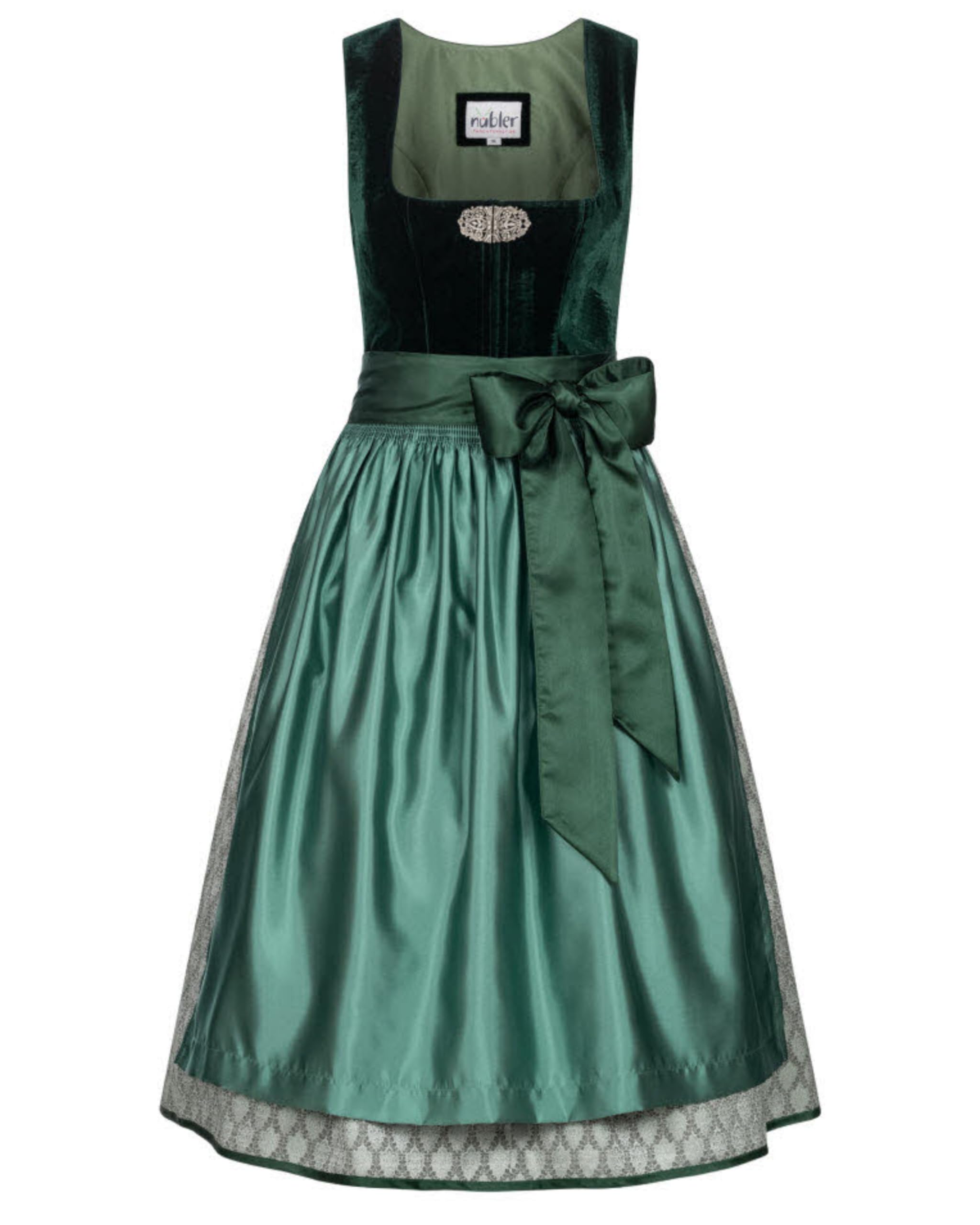Nübler Damen Dirndl Marlies I Größe 32-50 I Midi-Dirndl mit Rocklänge 60 cm & passender Schürze I Festliches Trachtenkleid mit modernem Schnitt & dezenten Details I Ideal für Trachten & Festlichkeiten 34 Grü