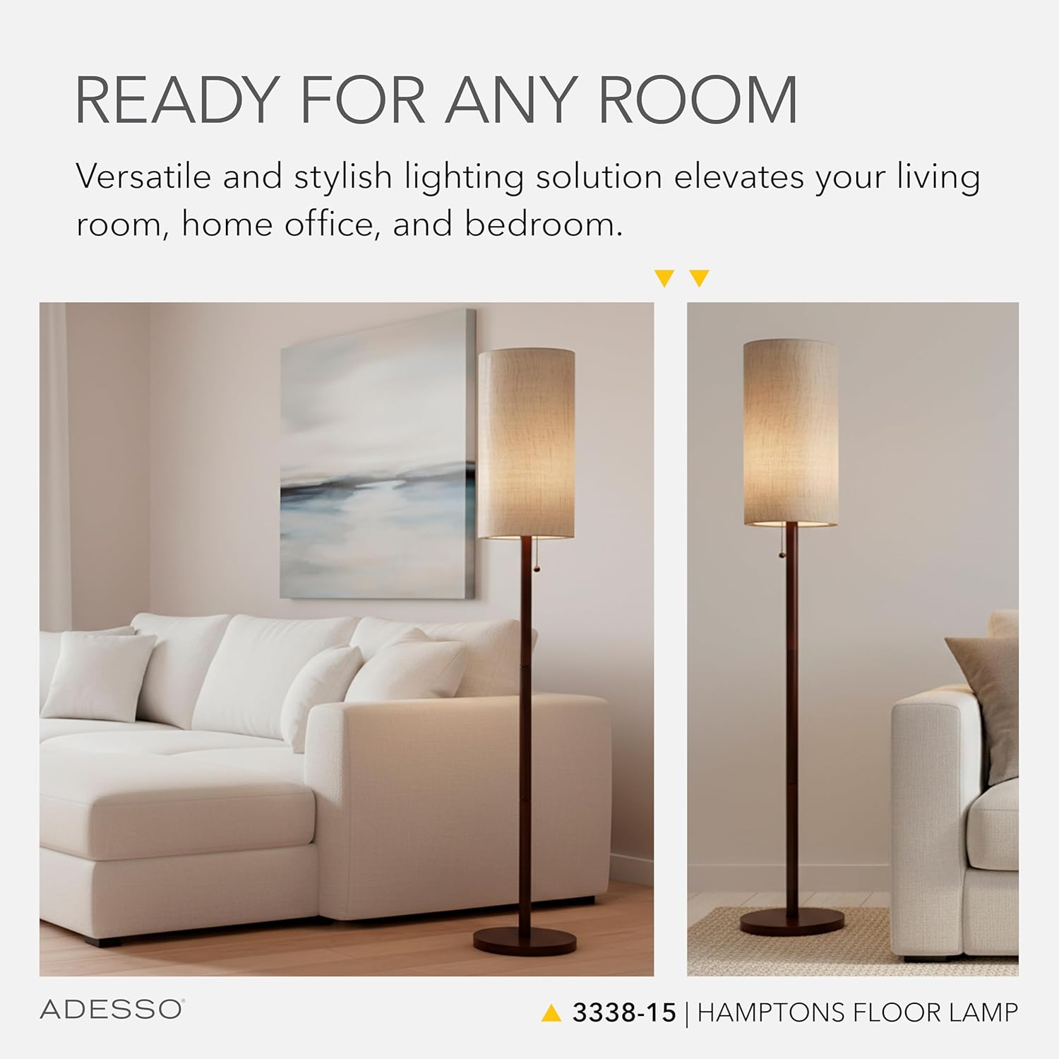 Adesso Floor Lamp with Walnut Wood Finish and Beige Linen Lampshade – Mid-Century Modern Bedroom, Home Office Lighting, or Living Room Decor, 65” x 16”