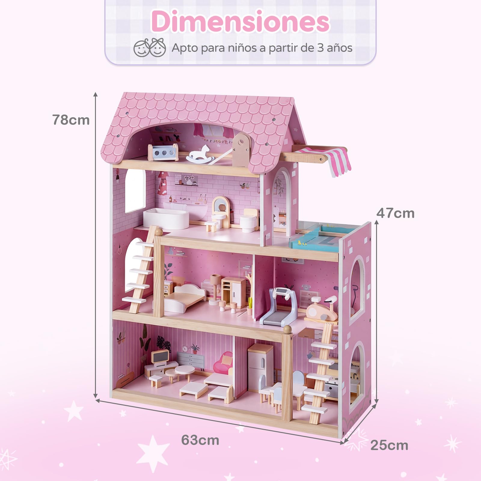 RELAX4LIFE Casa de Muñecas Madera de 4 Pisos con 33 Accesorios, 6 Habitaciones, Terraza, Piscina y 2 Escaleras, Casita de Muñecas de MDF y Madera Pino para Niños 3+ Años, 62x25x78cm (Rosa)