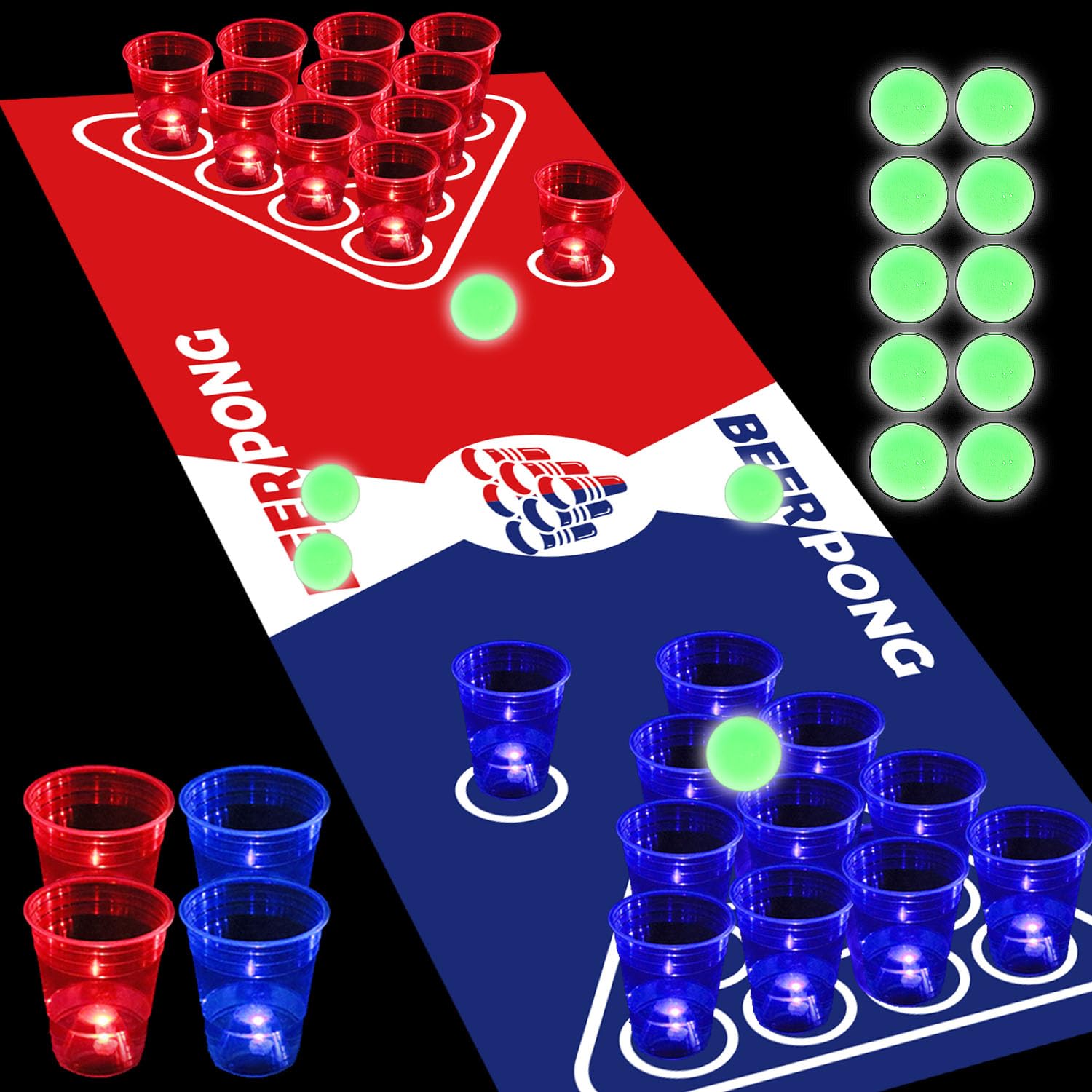 Set di tovagliette da tavolo Glow Beer Pong da 180,3 x 58,4 cm, set portatile per giochi di festa, 22 tazze luminose (rosso e blu), 6 pong luminosi che si illuminano al buio