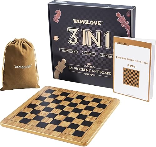 Miniatura 2 de VAMSLOVE Juego de damas de ajedrez de madera Tic-Tac-Toe de 11.5 x 11.5 pulgadas, tablero 3 en 1 de doble cara con 34 piezas de ajedrez, 2 reinas