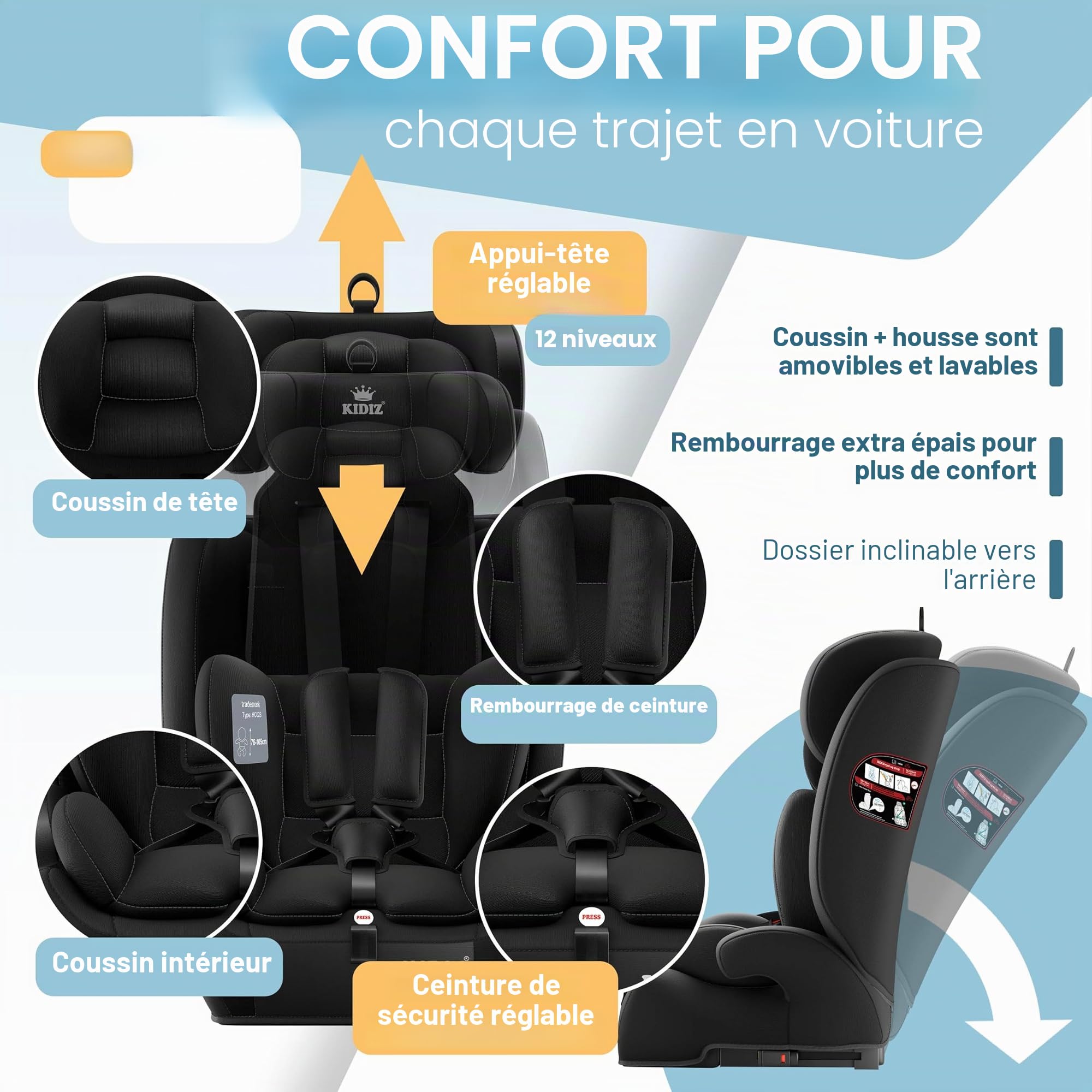 Kidiz® Siège auto pour enfant avec Isofix i-Size R129 100-150cm jusqu'à 12 ans, siège auto pour enfant Groupe 1/2/3, siège évolutif, ceinture 5 points et appuie-tête réglable en hauteur, rehausseur de