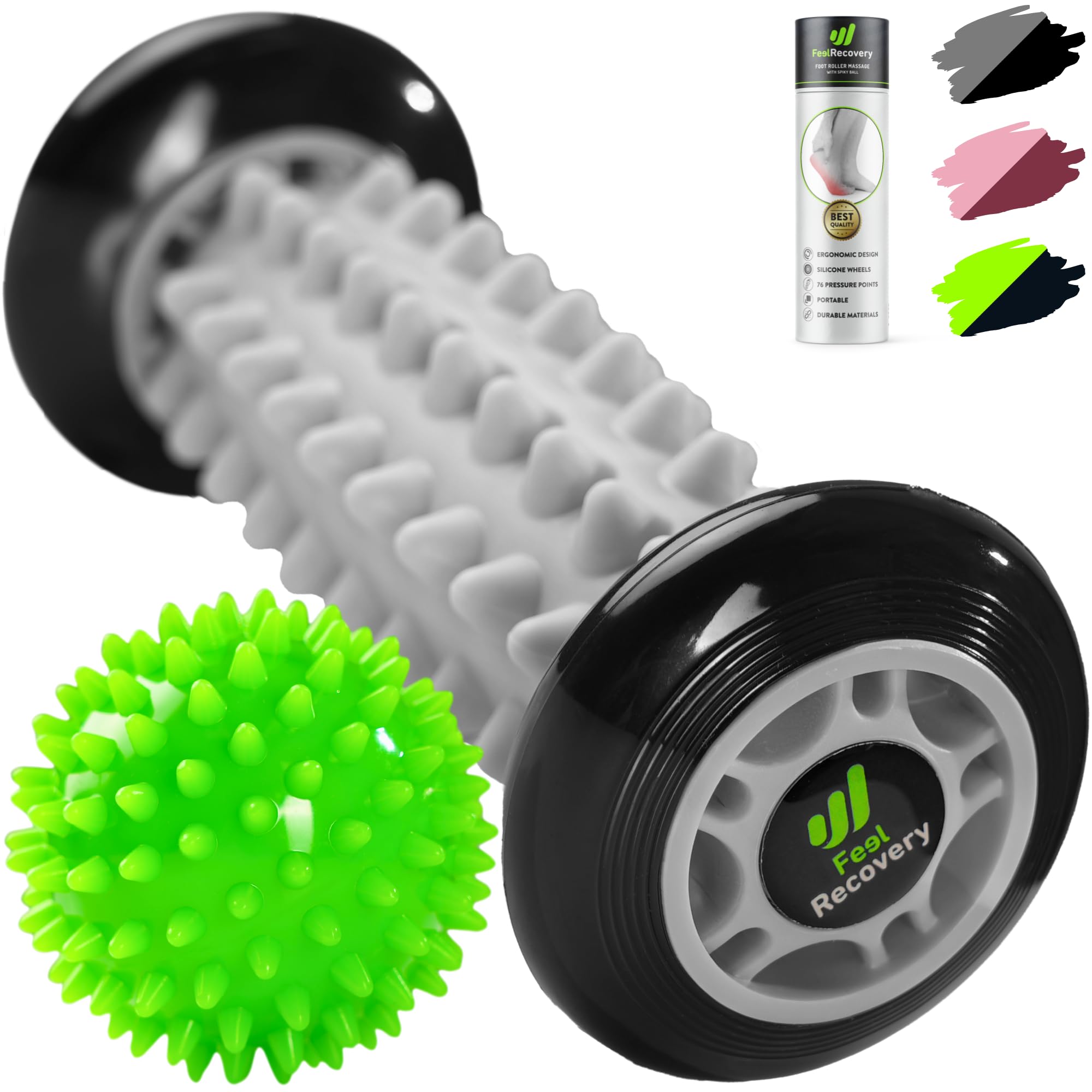 Set Rodillo Masajeador Pies para Fascitis Plantar + Pelota con Pinchos para Masaje Reflexología Podal - Kit Acupresión Alivio Dolor de Planta y Talón del Pie, Piernas, Anticelulitis