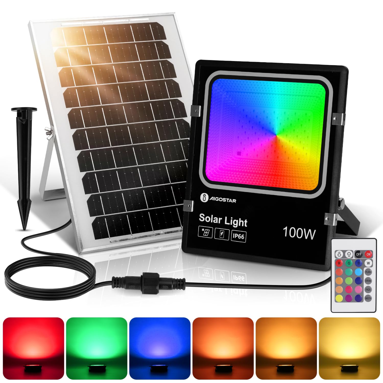 Aigostar - 100W Foco Solar Exterior RGB con Mando a Distancia, 8000mAH Batería de Gran Capacidad y Gran Panel Solar. Impermeable IP66, Cable de 5M. Proyector LED para Interior y Jardín, Patio, Camino