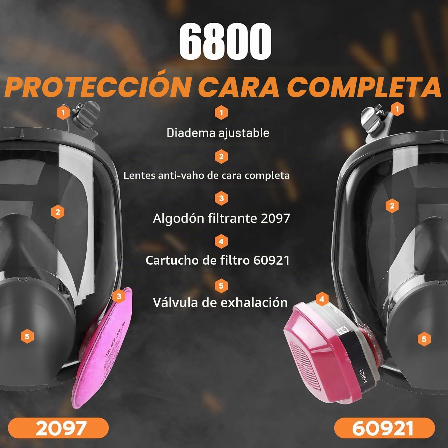 Máscara respiradora de cara completa con filtros 60921 y 2097, máscara de gas reutilizable de supervivencia nuclear y química para pintura en aerosol, lijado, resina, polvo fino, trabajos de