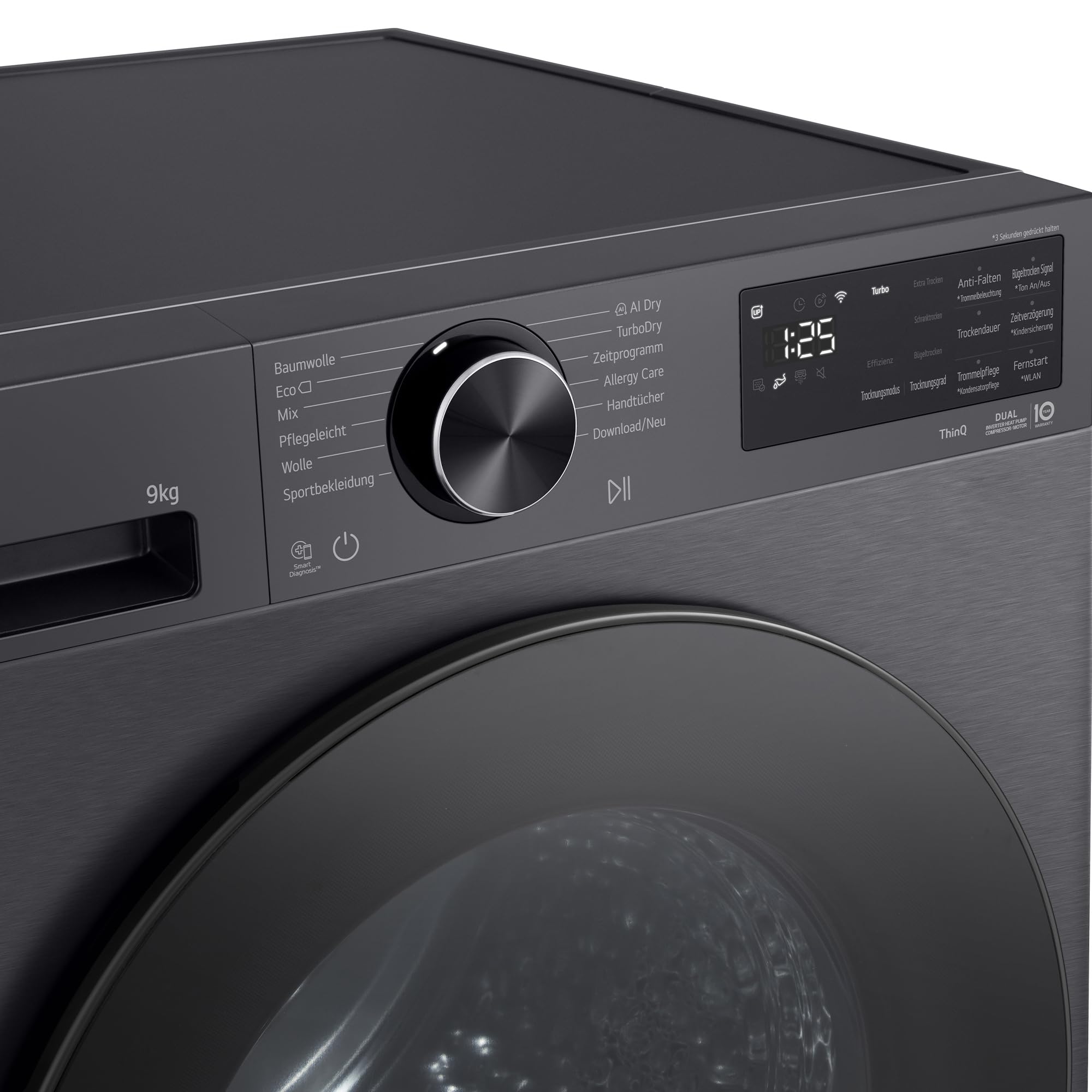 LG RT90X7B Trockner (B, 9 kg) mit Wärmepumpentechnologie (LED-Display, selbstreinigender Kondensator, Trockensensor) Matte Black