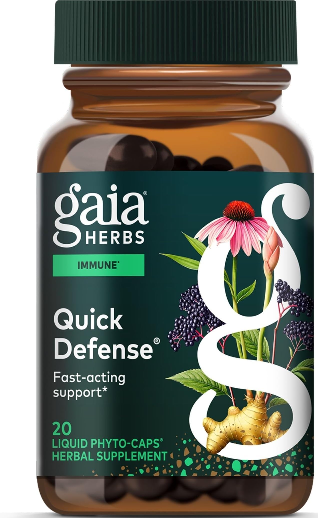 Gaia Herbs Quick Defense - Fast-Acting Immune Support Supplement* - Echinacea, Black Elderberry, Ginger & Andrographis - 20 Vegan Liquid Phyto-Caps (10 Servings)