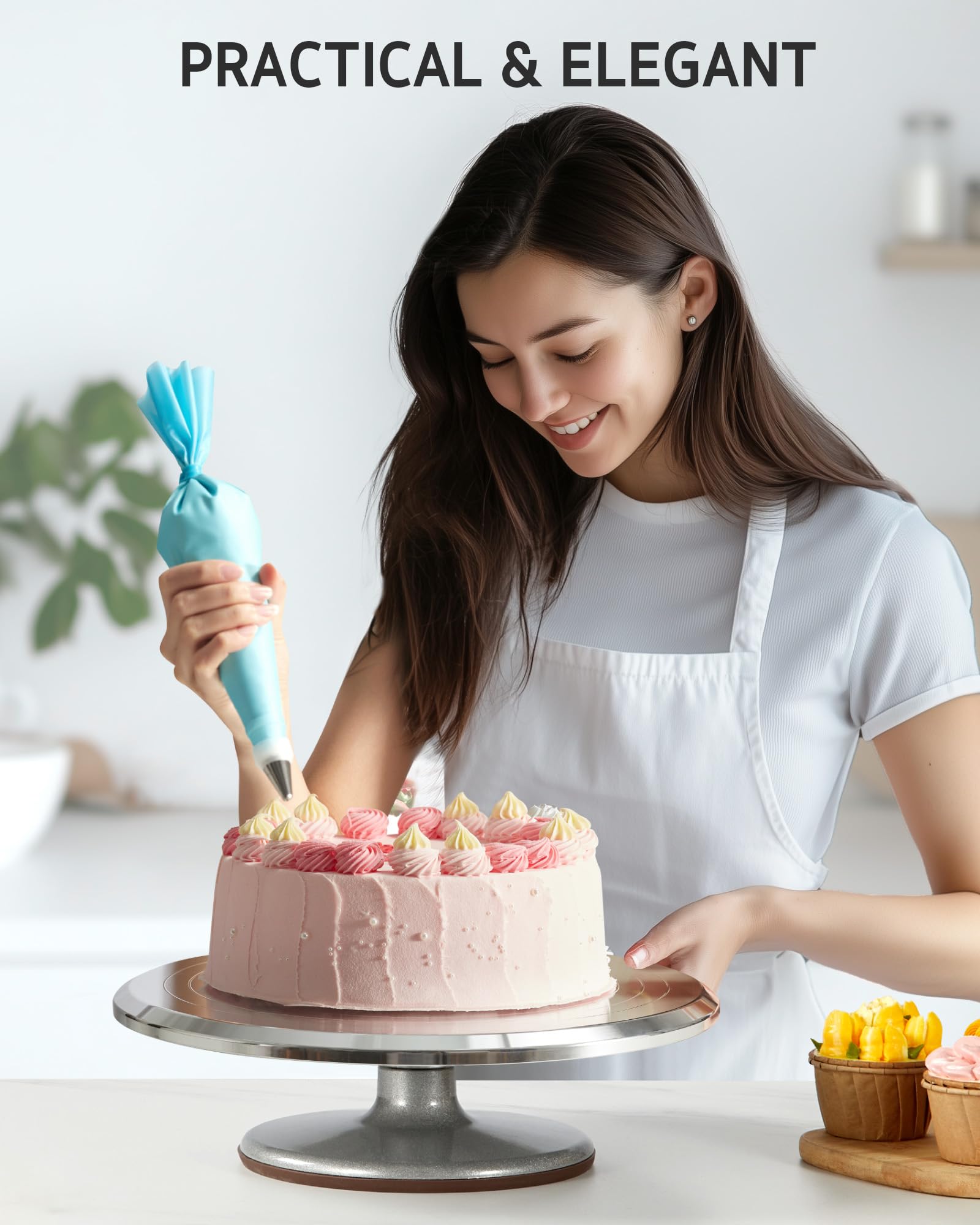 Syntus Kit de decoración de pasteles de 253 piezas, soporte giratorio de aleación de aluminio, 48 puntas de glaseado numeradas, 3 boquillas de tubería rusas, espátulas rectas y en ángulo, bolsas de