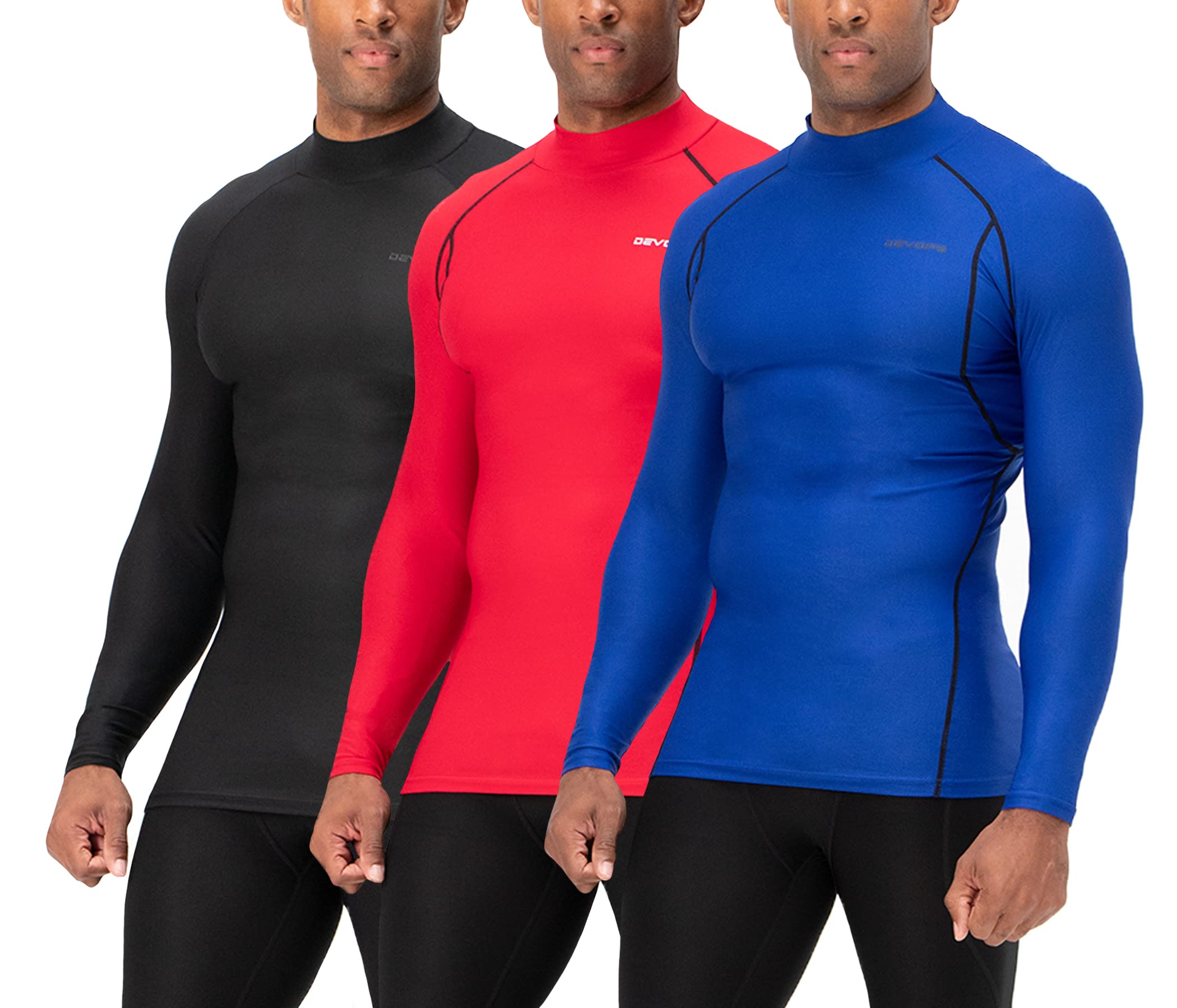 DEVOPS 3 Pack Men's Athletic Turtle Neck Long Sleeve Compression Baselayer Shirts