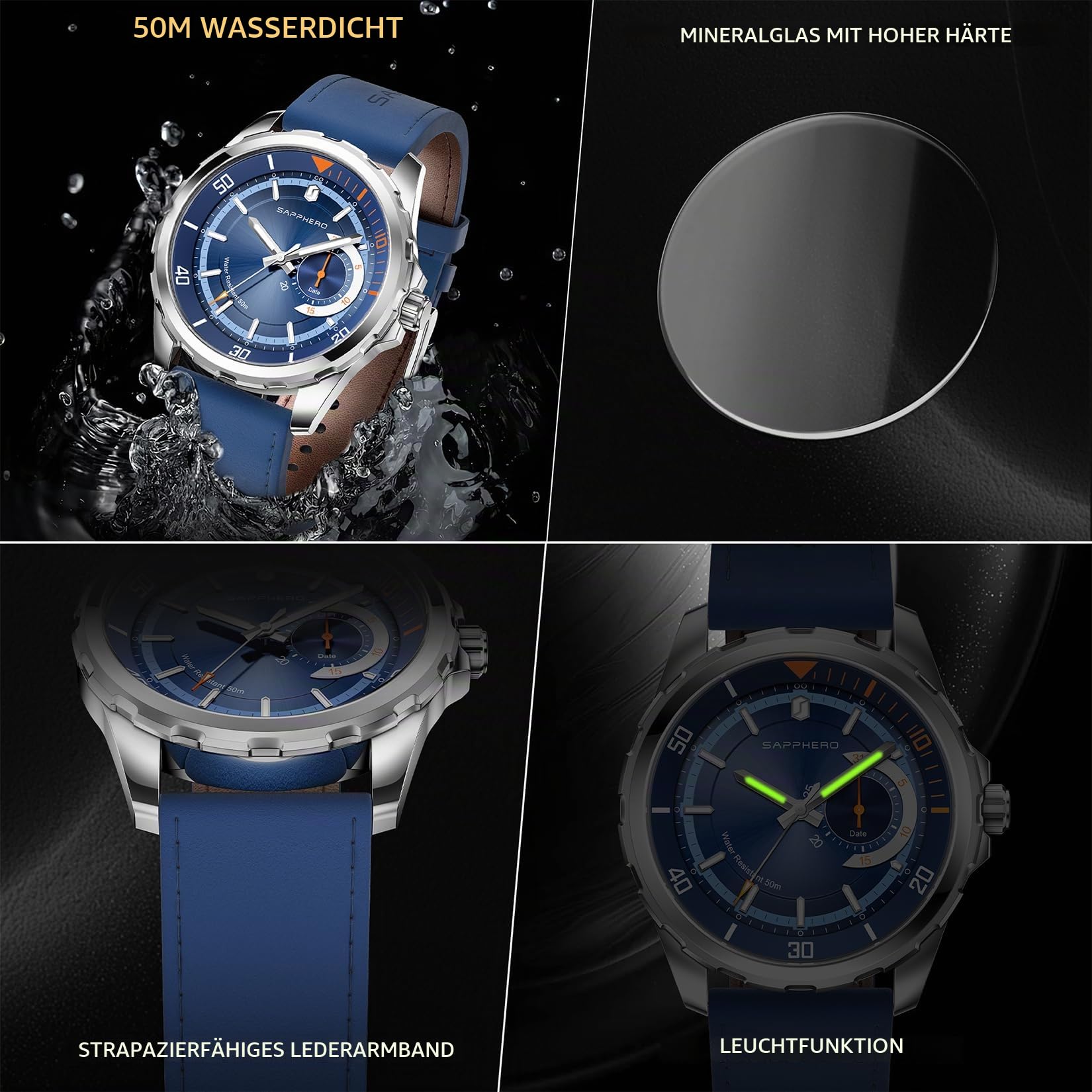 SAPPHERO Herren Analog Quarz Uhr mit Datum & arabischen Ziffern, 50 m wasserfest, Leuchtend, Business-Sport Design, Edelstahl- & Lederarmband, Geschenk für Männer