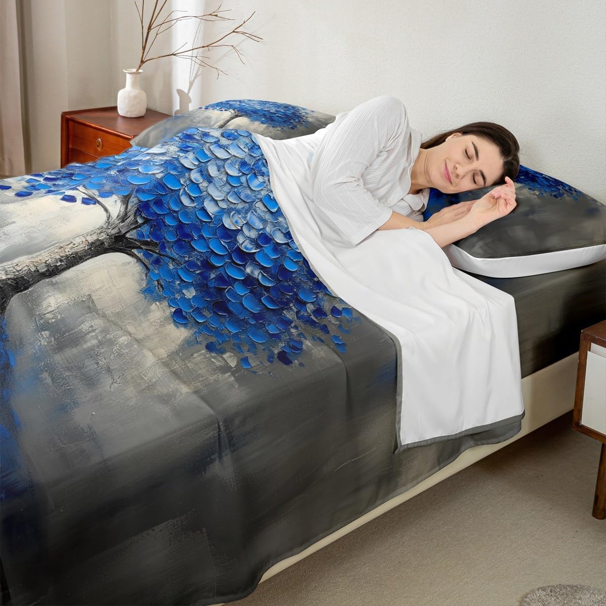 Blue Tree Branches Pattern Sheet Set Twin Size Kids Leaf Branches Sheets with Deep Pocket Fitted Teens Fallen Leaves Bed Set Breathable Soft Lightweight Microfiber Botanical Room Decor Mattress Cover