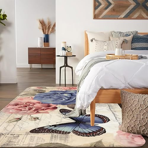 Miniatura 6 de Area Rugs - Alfombra lavable de 5 x 7 pulgadas, diseño de flores rosas con mariposa, alfombra suave y delgada, antideslizante, para interiores, no