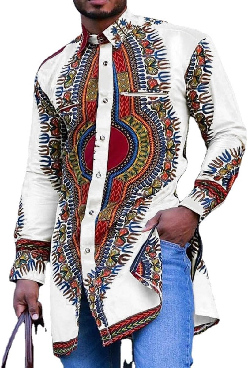Mens Traditional African Tribal T Shirts, Dashiki Button Up Mandarin Collar Shirts Print Shirt Traditional Outfits