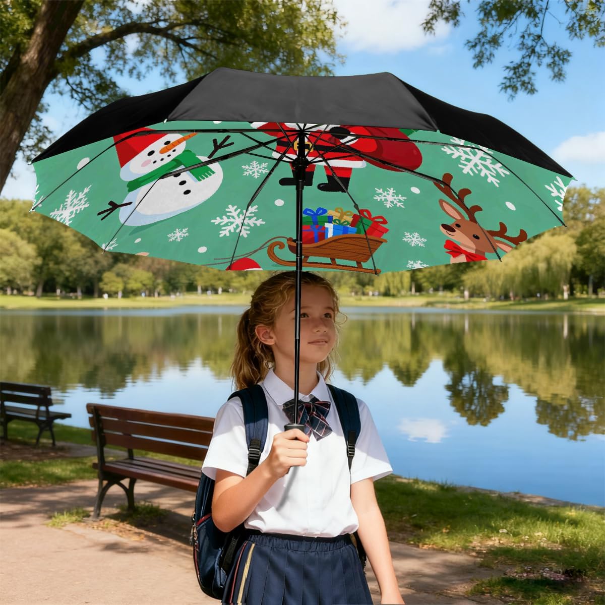 Cartoon Christmas Santa Claus Snowman Folding Umbrella Windproof Compact Lightweight Travel Umbrella with 8 Reinforced Ribs, Portable UV Sun & Rain Protection for Men & Women