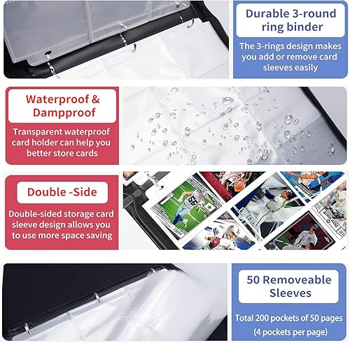 Miniatura 4 de Carpeta de tarjetas de fútbol con mangas, 400 bolsillos para tarjetas de intercambio, 4 bolsillos con 50 fundas extraíbles con cremallera, carpeta