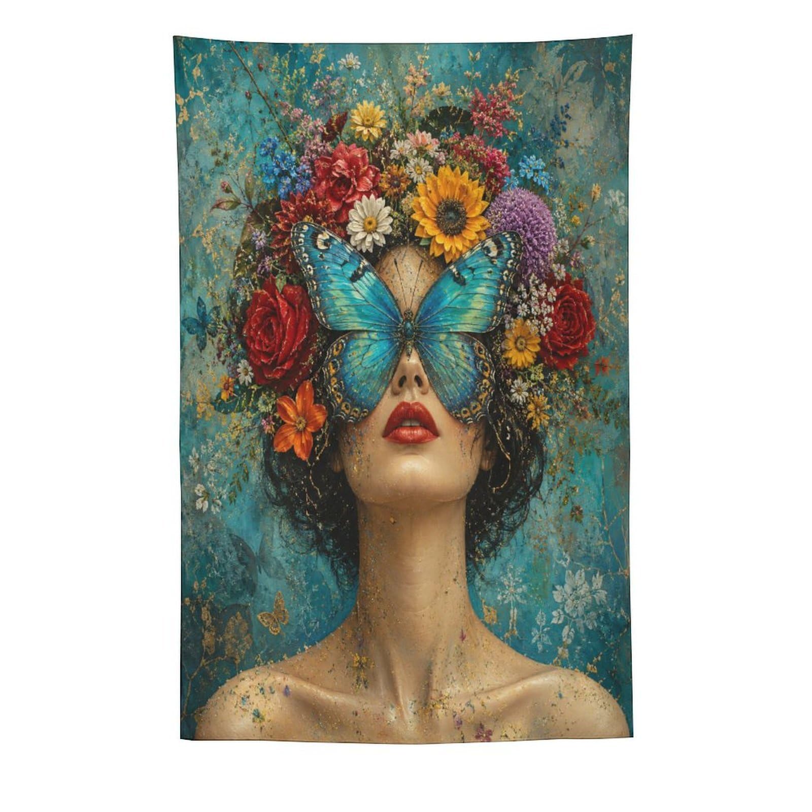 W7C8U2X3 Butterfly Woman Teal Floral Wall Tapestry, Garden Bloom