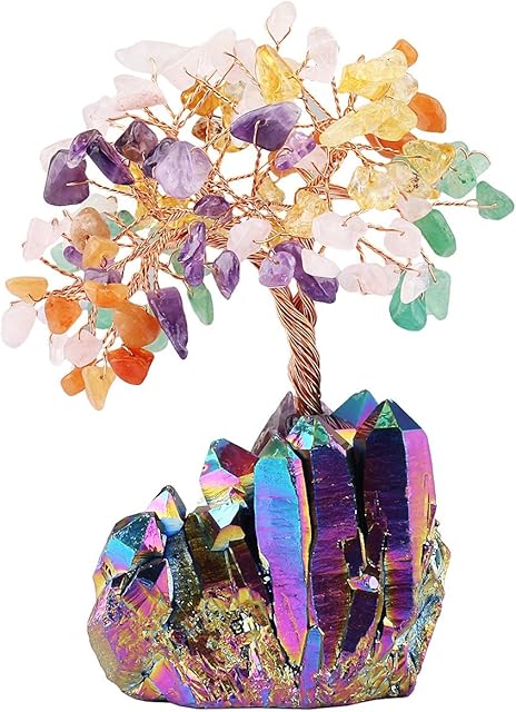 mookaitedecor Reiki Crystal Money Tree,Gemstone Feng Shui Ornaments Tree of Life Figurines,Titanium Coated Rainbow Stone Cluster Base