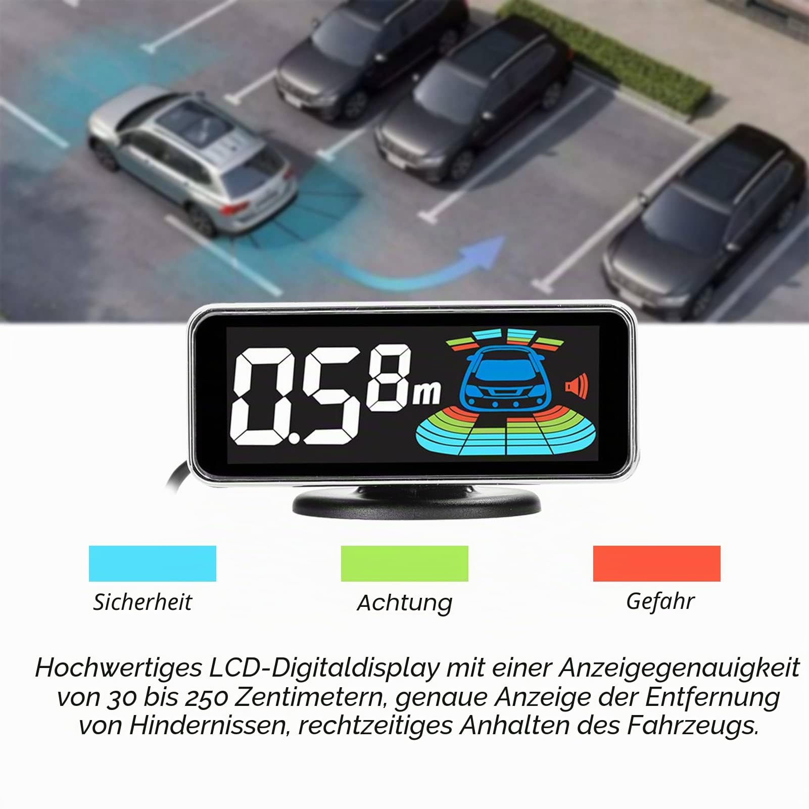 Shkalacar Parksensor Einparkhilfe, Rückfahrradar System mit 4/8 StückVorne Hinteren Parksensoren, LCD Abstandsanzeige, Ton Warnsummer