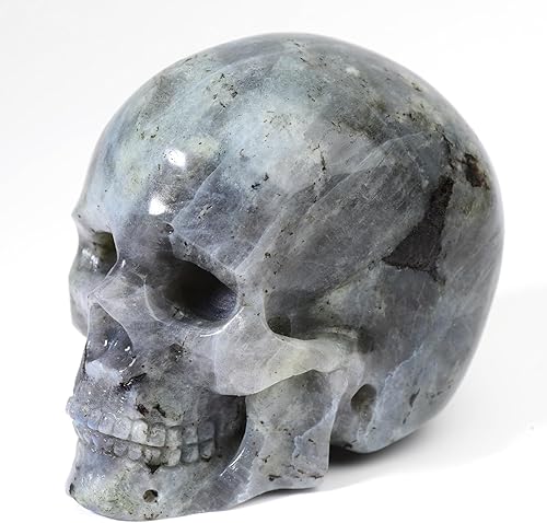 Miniatura 3 de Cráneo de cristal de 4.0 pulgadas, cráneo de cuarzo de cristal de labradorita natural, escultura de arte fino tallada a mano, estatua de piedra