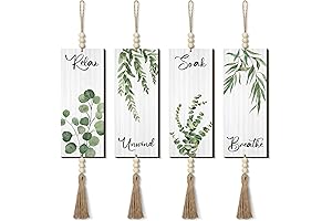 Qunclay Bathroom Wall Art Set, 4 Bohemian Decor Signs with Beads Leaf Prints