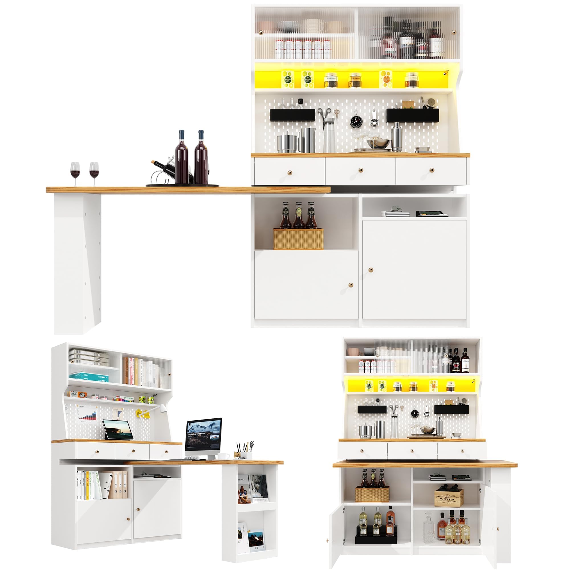 Küchenschrank (137 * 45 * 178 cm), Hohes Küchenbuffet, Mehrzweckbuffet, Snackschrank, Tischschrank, Schreibtisch, Aufbewahrungsschrank mit Zwei Türen und DREI Schubladen, Weiß