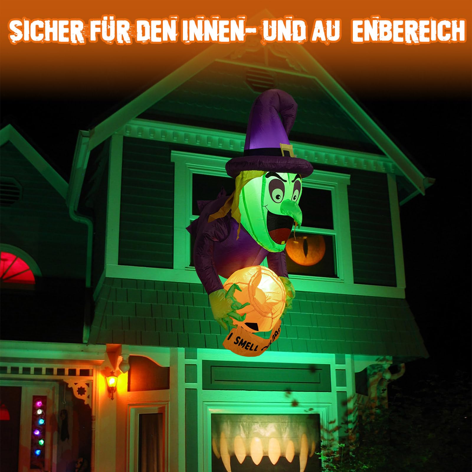 4,5 Ft Halloween deko Aufblasbar Hexe, Halloween deko Outdoor Fenster,Geisterhexen mit Kürbis-Bonbonglas,eingebaute LED, Halloween aufblasbar Halloween deko Garten,Outdoor,Party