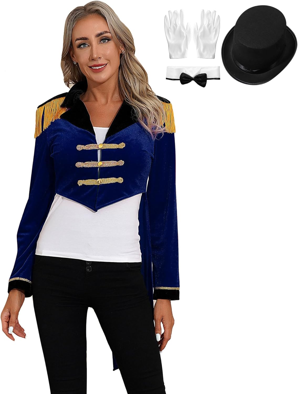 Agoky Dames circus kostuum lange mouwen pailletten jurk Ringmaster uniform met gentleman hoed, handschoenen en vlinderdas Halloween Cosplay outfits rood 3XL