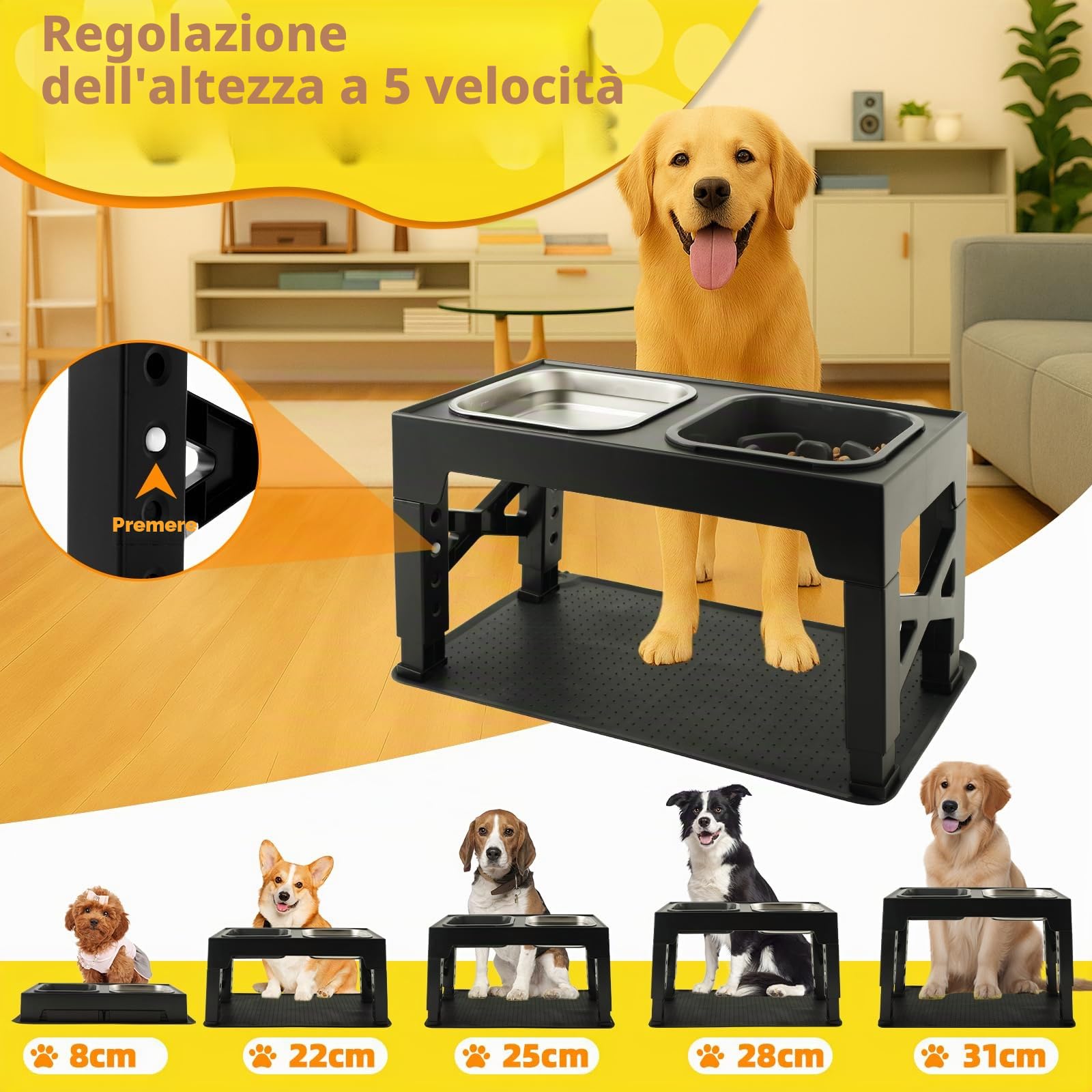 Ciotole per cani Rialzate Regolabili - Acciaio Inossidabile 1400ml + Antingozzo 1100ml + Viaggio + Tappetino - Base antiscivolo per cani di taglia media/grande