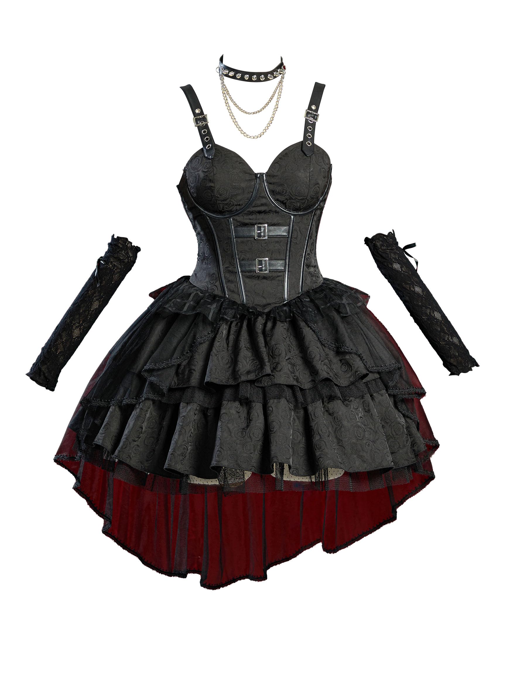 MEOWCOS Women's Gothic Dress Multi-Layered Vintage Lolita Dress Straps Dress with Gloves Halloween Cosplay Costume - Small