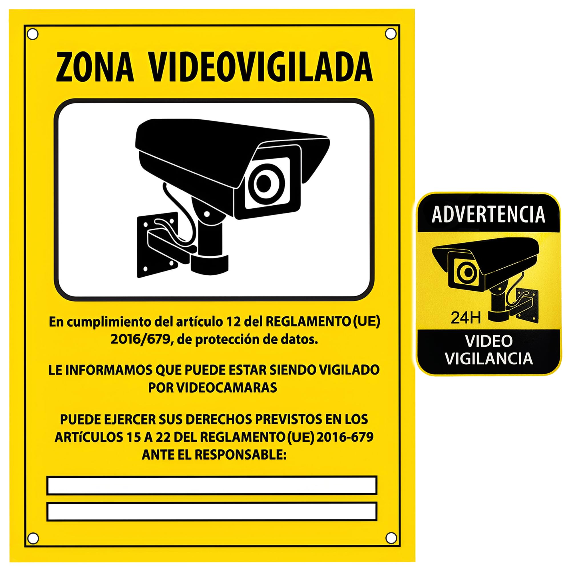 Set Cartel Videovigilancia de PVC + Adhesivo | Placa zona videovigilada 20x15 cm + adhesivo pequeño para añadir una seguridad extra. (1)