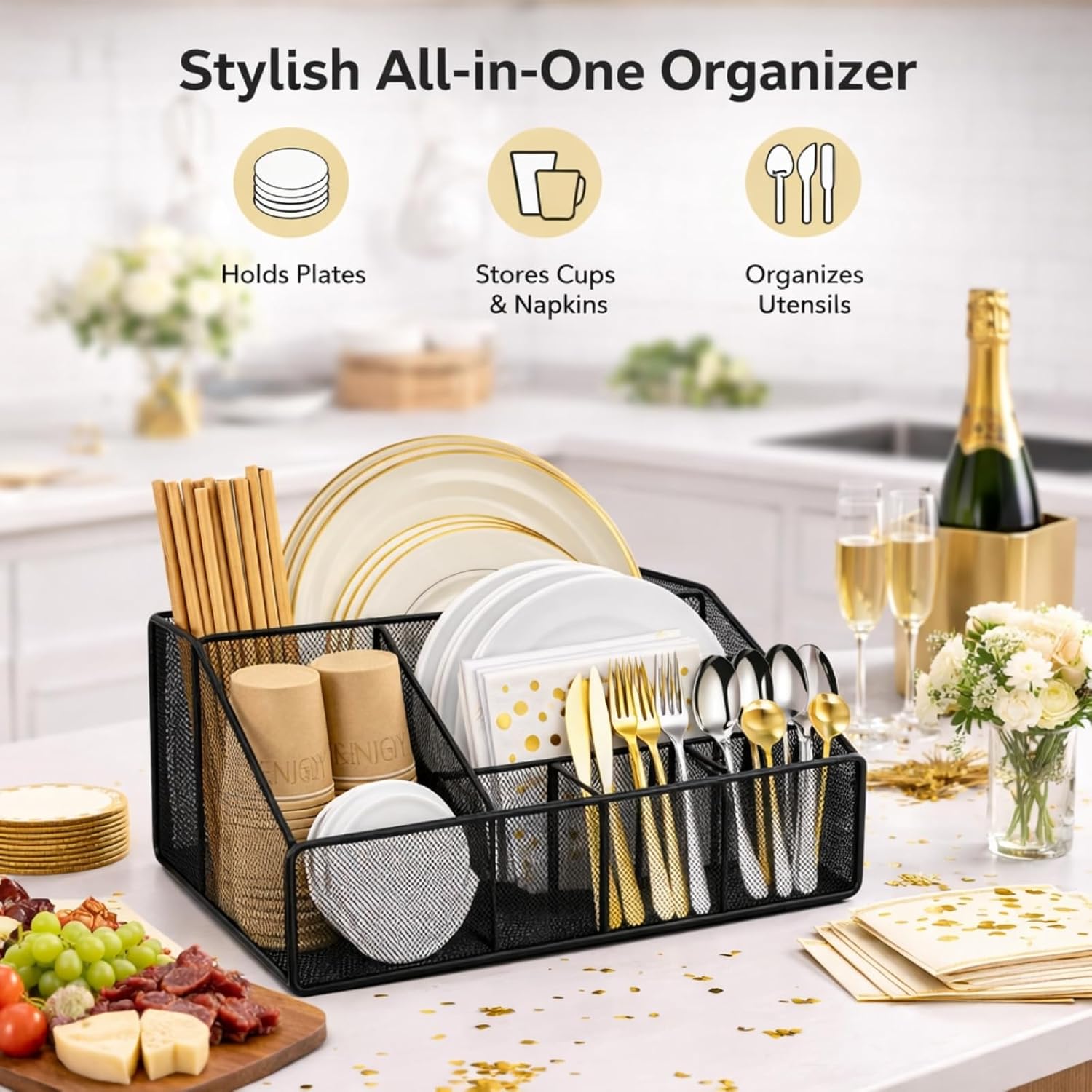 Utensil Holder,Silverware Organizer Countertop,Paper Plate Dispenser with 6 Compartments,Metal Mesh Caddy for Cups Spoons Forks Plates Napkins, Kitchen Accessories,Black