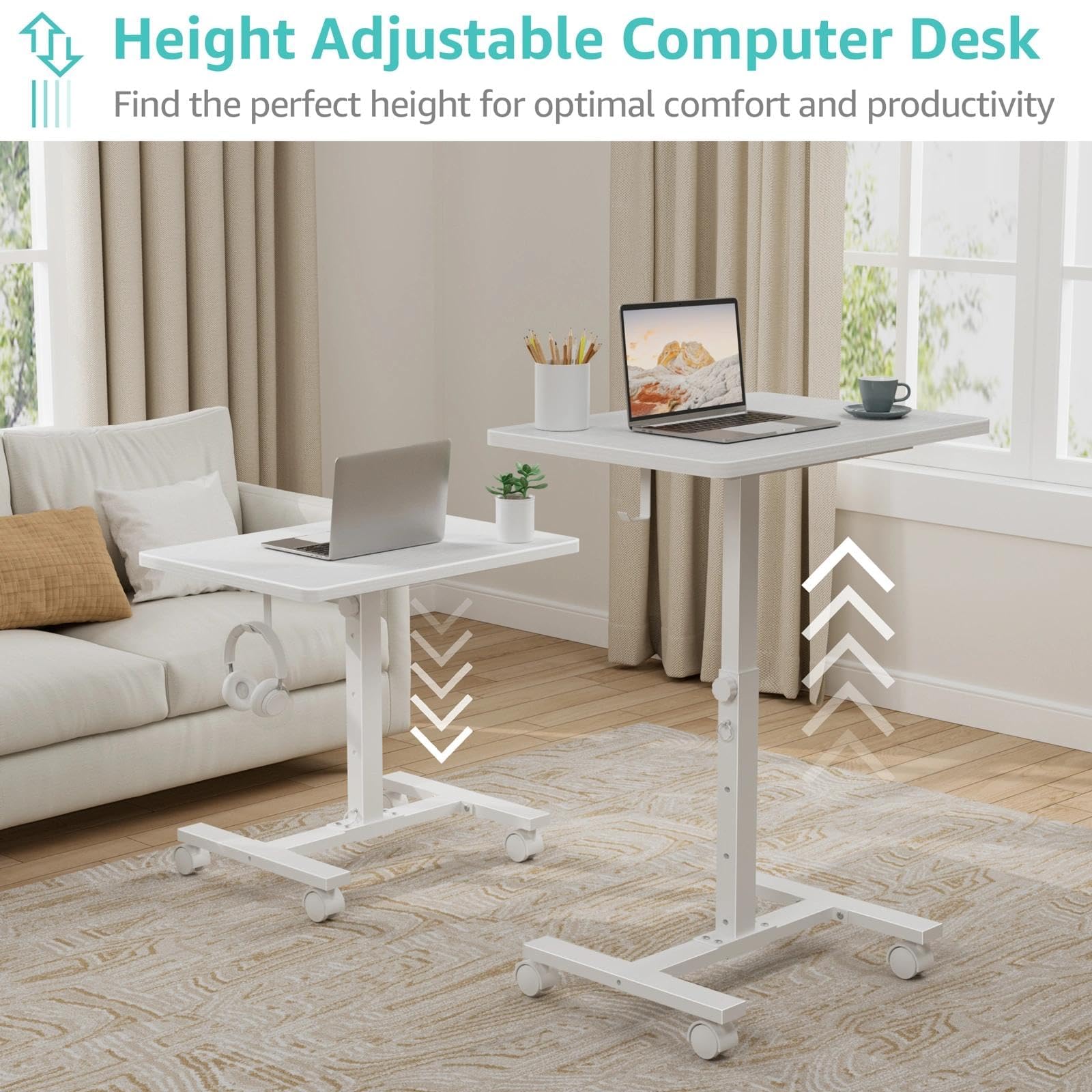 Small White Standing Rolling Desk - 24 Inch Portable Mobile Stand Up Kids Desk Adjustable Height with Wheels — view 5