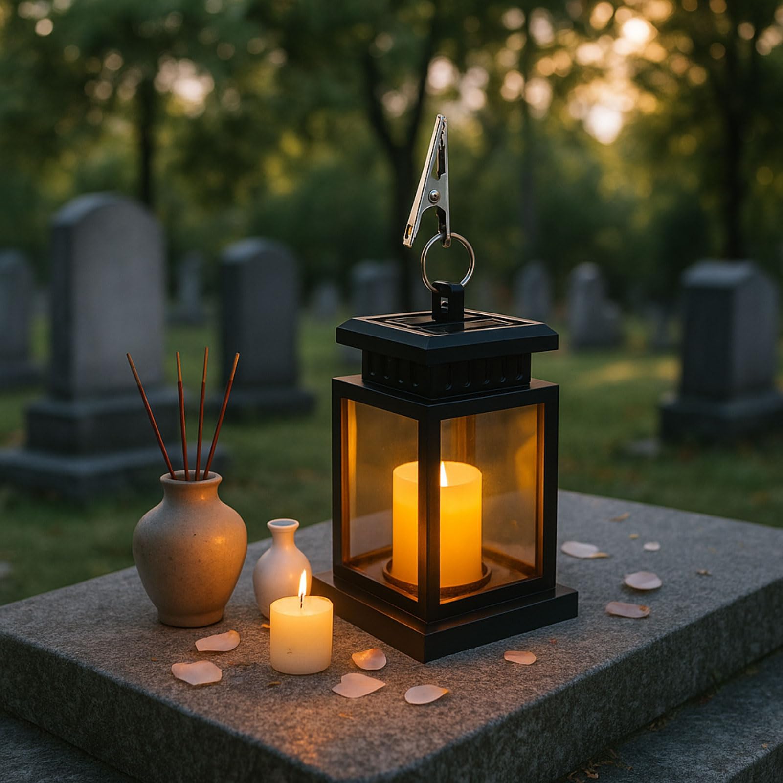Grave Lantern Cemetery Weatherproof Outdoor Solar Lantern for Outdoor Garden Grave Grave Lamp for Urn Grave Black Grave Lanterns with LED Candles Lantern Small Candle Lantern Gift for Mourning (B)