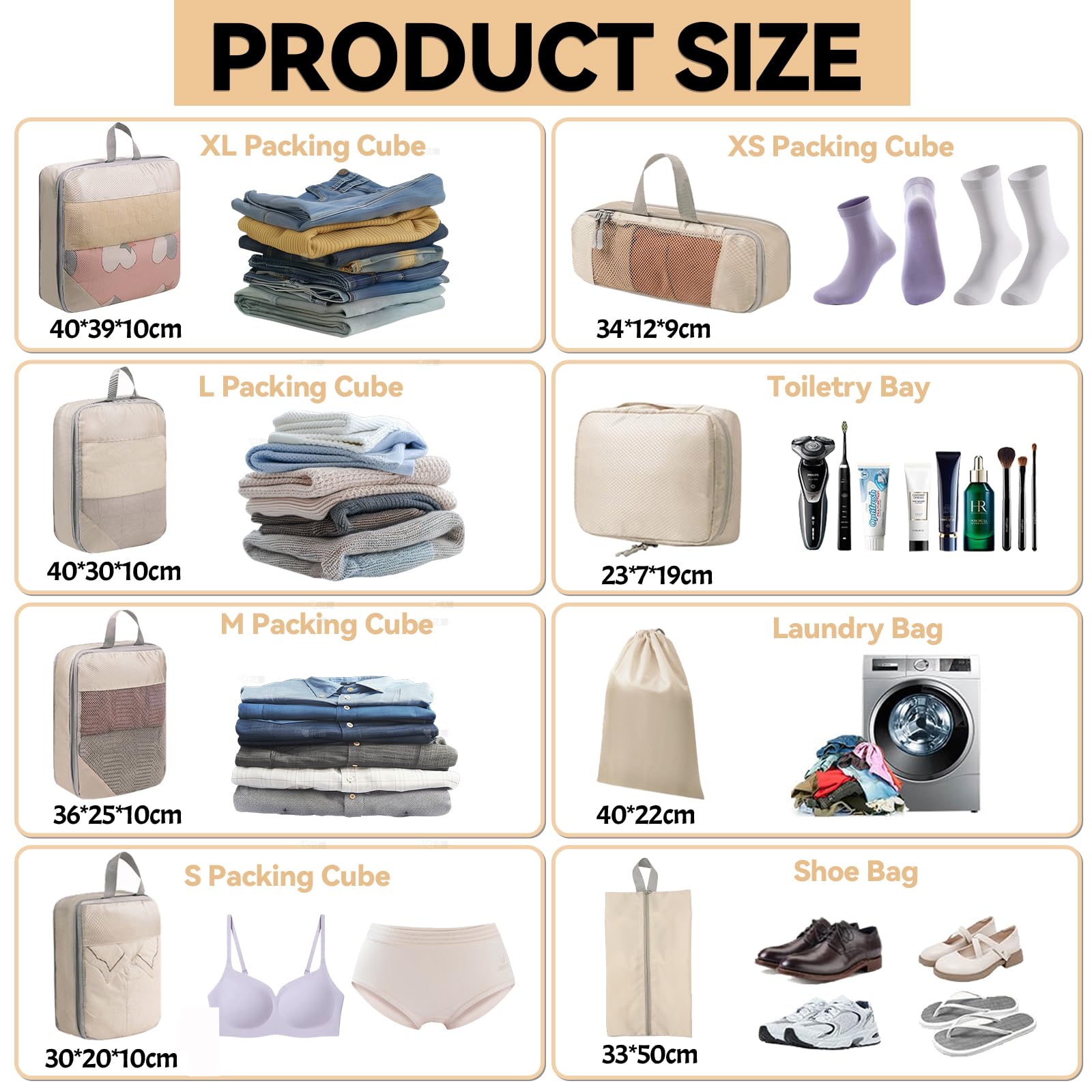 Organizer Valigia 8 Pezzi Set, Packing Cubes Compression Organizzatori Valigia Viaggio Vacanze e Viaggi, Organizer Valigie Set, organizer valigia salvaspazio(Beige)