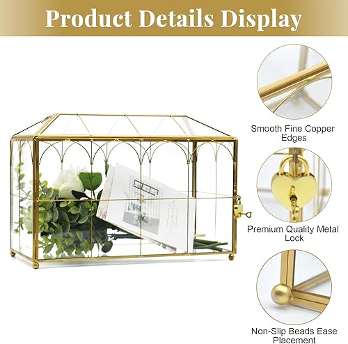 Miniatura 2 de Caja de tarjeta de cristal de oro rosa, caja de regalo con ranura y cerradura para recepción de boda, ceremonia de fiesta, tarjetero de fiesta de