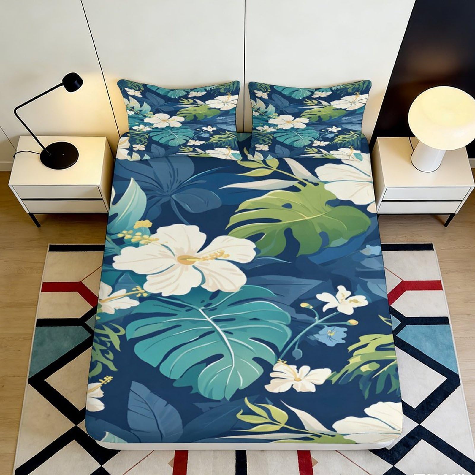 3D Printed Tropical Hibiscus Fitted Sheet Microfiber Soft Breathable Monstera Leaf Mattress Cover for Bedroom Guest Room Decor 120x200x25cm
