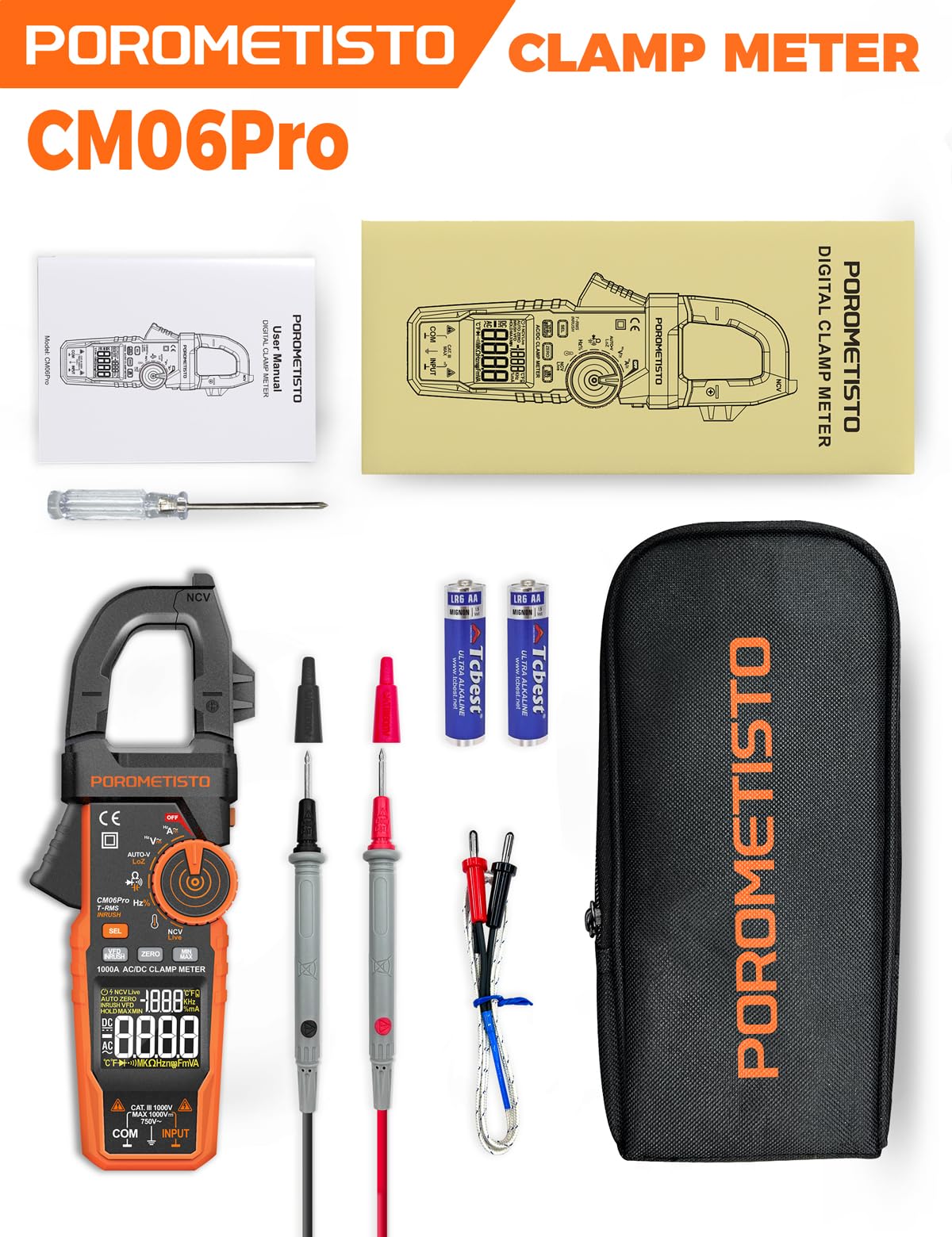 Pinza Amperometrica Professionale 6000 Counts TRMS 1000 A con LoZ e VFD, 1000V CC/750V CA Voltmetro Amperometro CM06Pro, Misura AC/DC, Corrente d'Avviamento, NCV, Temperatura, etc