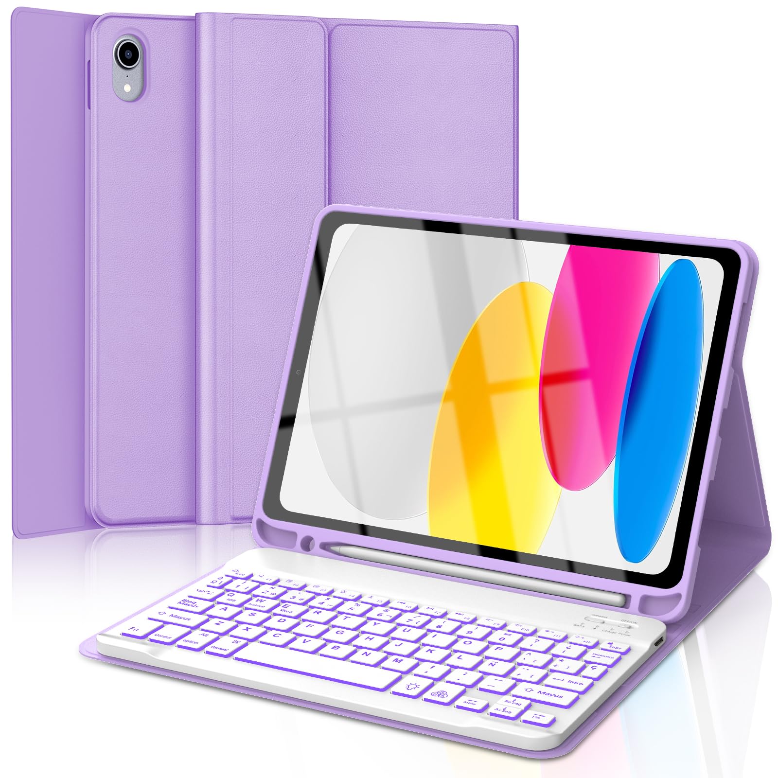Funda Teclado para iPad 11 Generación A16 2025 11''/10.ª Gen 2022 10,9'' | QWERTY Español Ñ, Magnético Desmontable Bluetooth Teclado, Retroiluminado 7 Colores, Funda con Portalápices(Lila Claro)