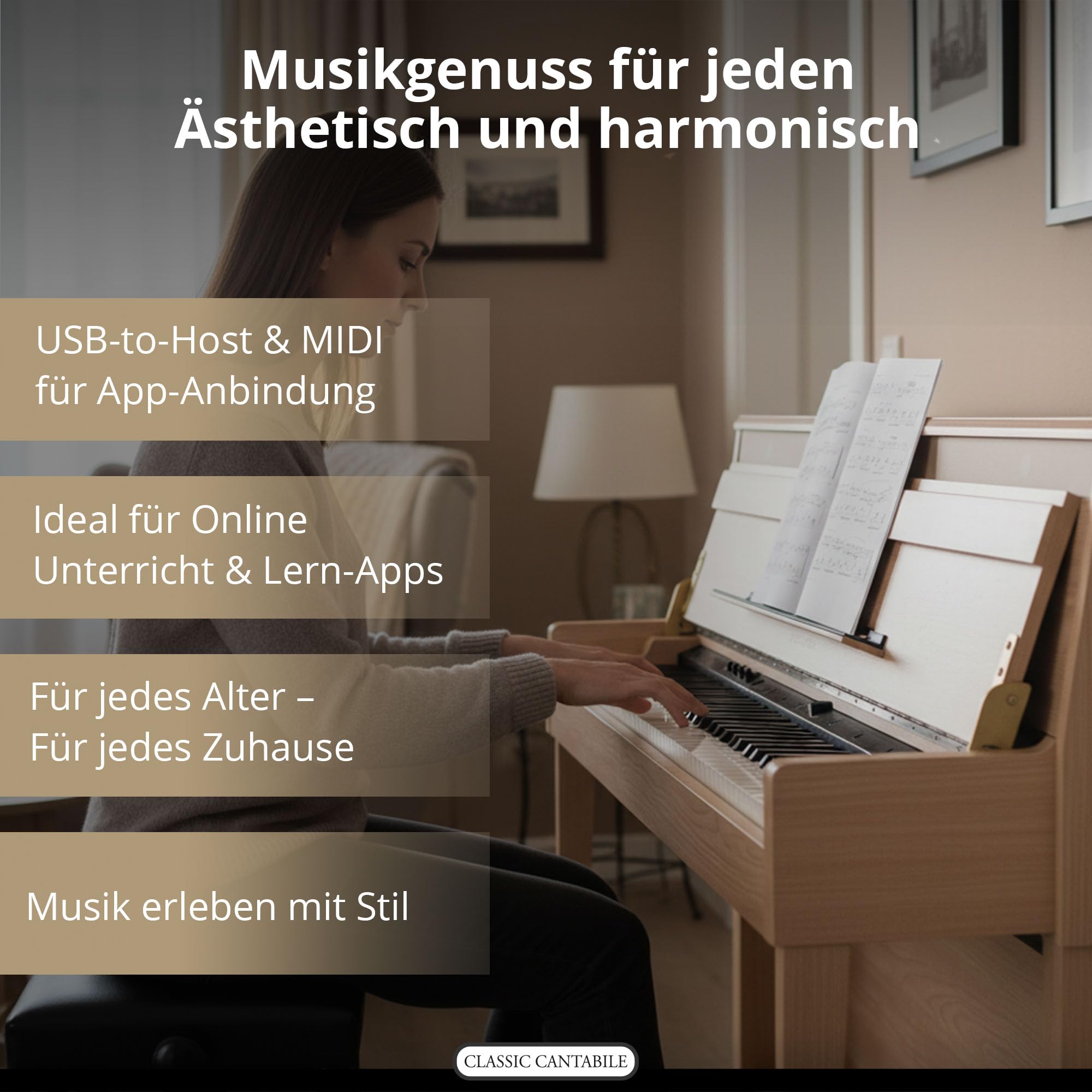 Classic Cantabile UP-1 LA Piano Droit Numérique - 88 Touches Clavier électronique à marteaux - Synthetiseur avec USB, MIDI, 40 voix, 256 polyphonie - Set avec Banc et Casque - Chêne Clair