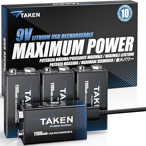 Taken Batería de 9 voltios para alarmas de humo, baterías recargables USB de 9 V de iones de litio (paquete de 8) con cable de carga rápida USB-C 4