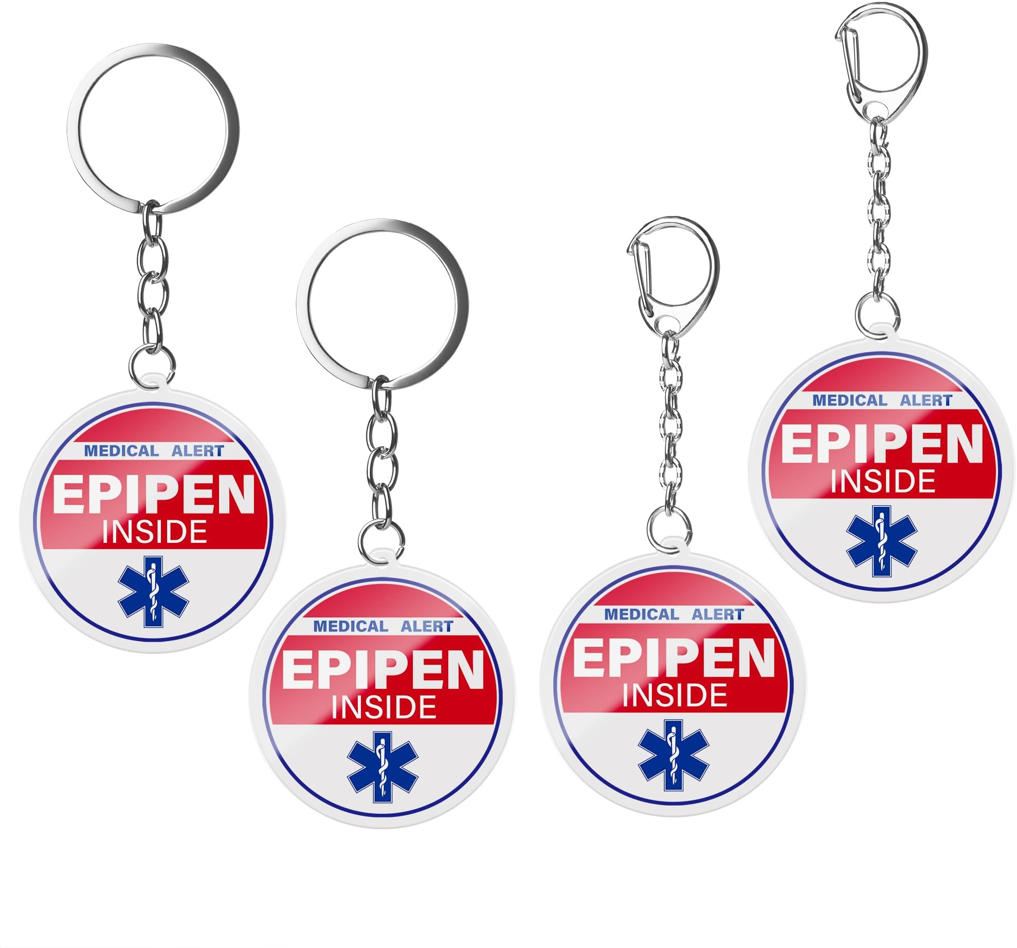 4 Pack Epipen Inside Keychain - Allergy Medical Alert Symbol Bag Tags Set, Double Side Key Tag for Zipper Pull Charm 1.4”., 4pk-red, 1.4 inches