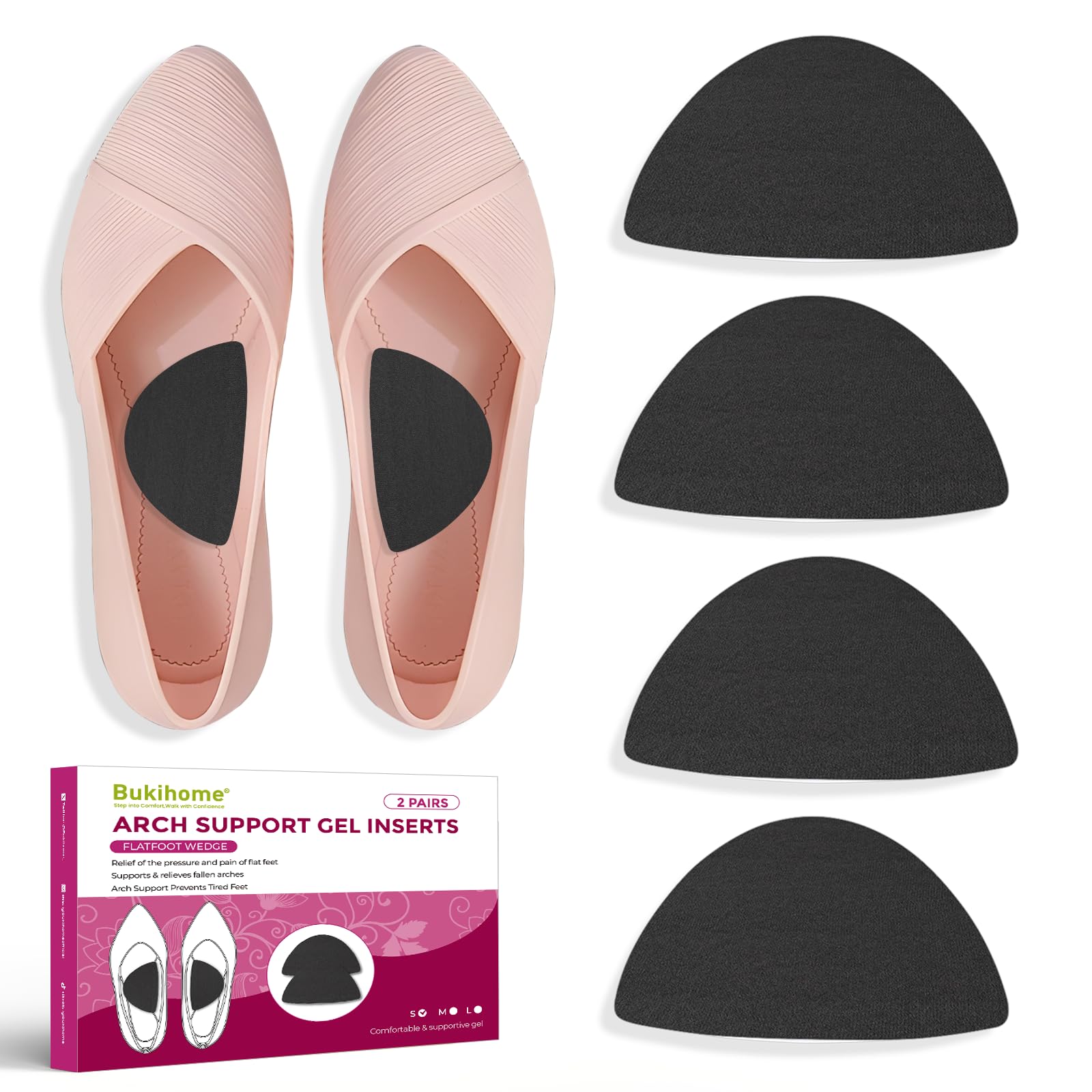 Bukihome Arch Support Inserts for Plantar Fasciitis - Anti Gravity Design - 2 Pairs Adhesive Gel Arch Pads for Women &amp; Men - High Arch Support Insoles for Flat Feet,Relieve Pressure - Black,Small