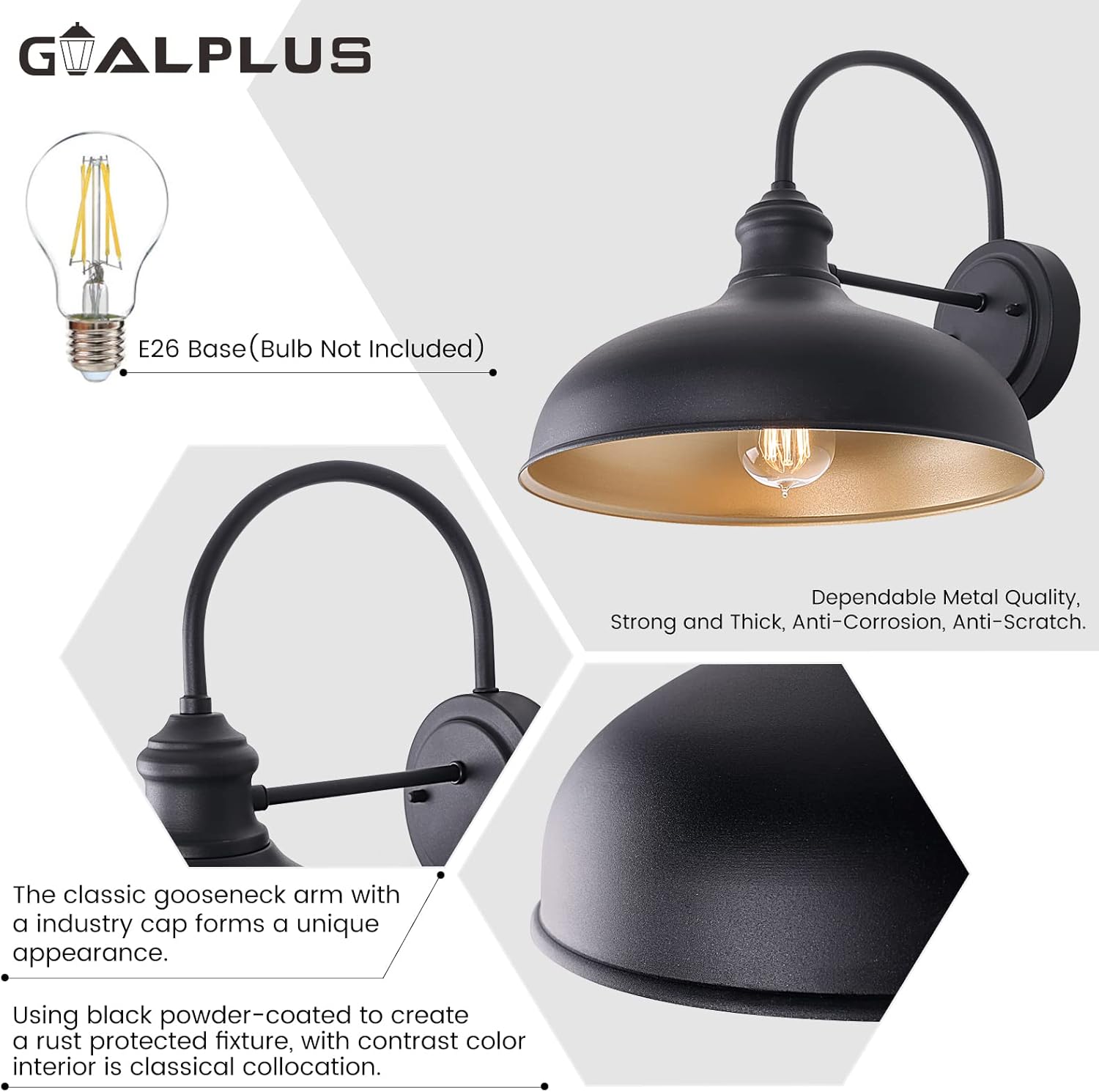 10 Inch Dome Outdoor Goosenck Barn Lighting Farmhouse Exterior Barn Wall Lights Black Outdoor Porch Sconce Wall Mount with Brass, Exterior Garage Light Fixture for Patio Garden Yard, 2 Pack