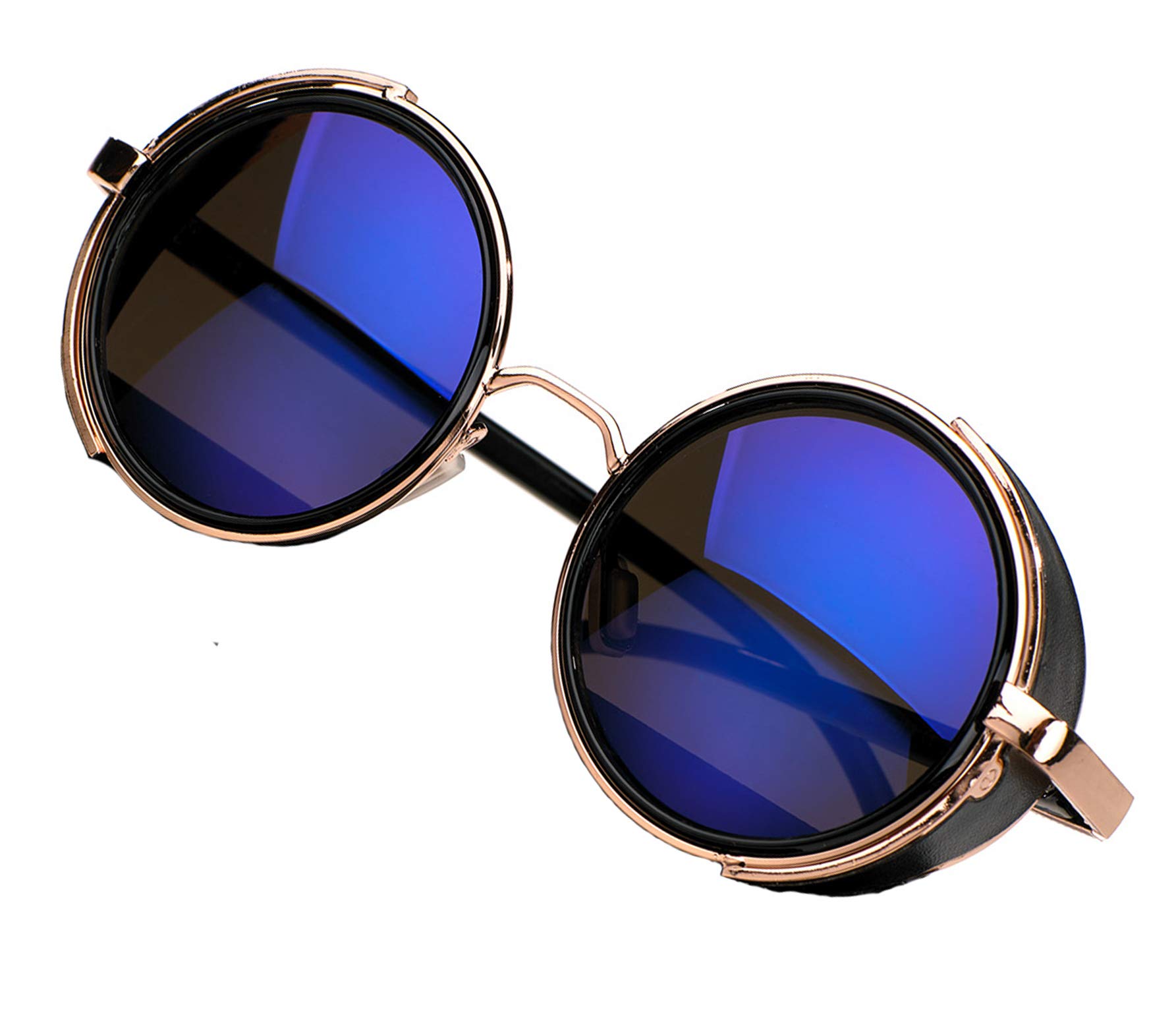 Mfaz Morefaz Ltd Men's Blue Mirrored Unisex Round Steampunk Sunglasses Mirrored 50S Glasses Cyber Goggles (Blue Mirrored)