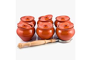 Set of Six Bayco Natural Unglazed 500ml Terracotta Clay Cooking Pots with Lid