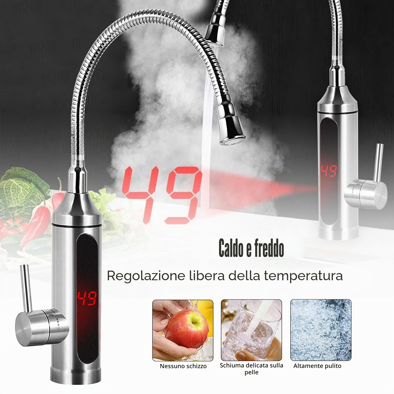 Rubinetto elettrico in acciaio inox, 3300 W, istantaneo, caldo, per cucina, riscaldamento elettrico, rubinetto con scaldabagno a 360°, indicatore di temperatura LED intelligente