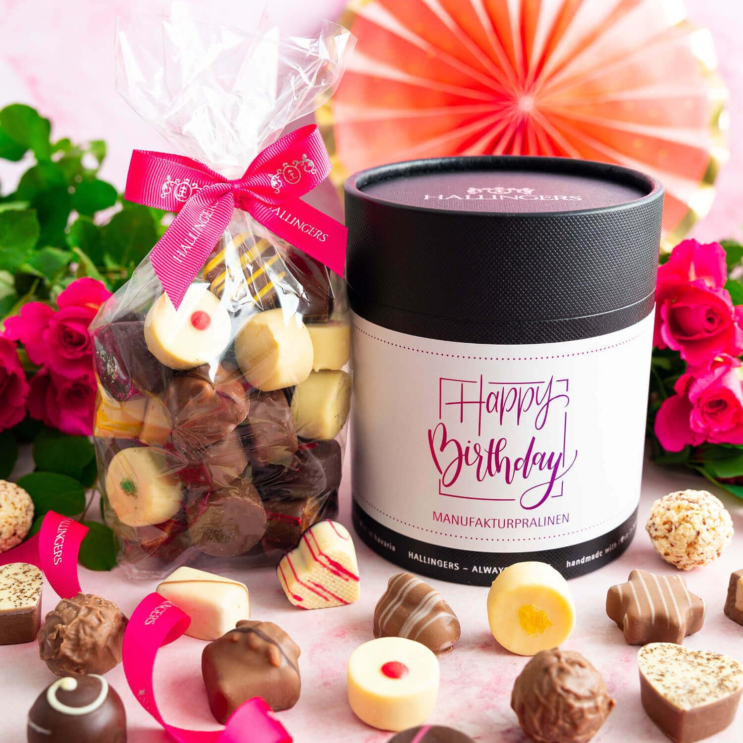 Hallingers Genuss Manufaktur Pralinen Geburtstagsgeschenk - ohne Alkohol, handmade aus Confiserie-Edelkakao in wertiger XXL-Geschenkdose "Happy Birthday ...", Geschenke für Frauen Freundin