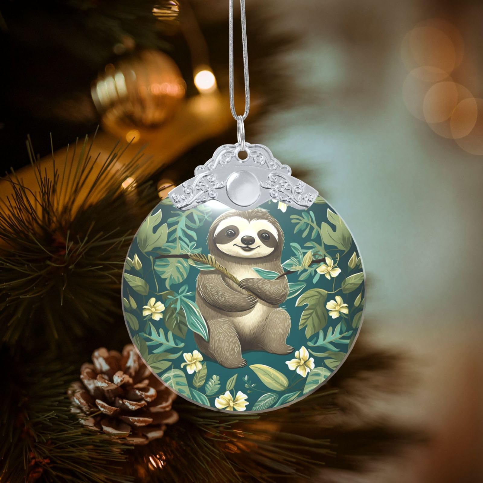 Crystal Christmas Ornaments for Christmas Tree Decoration Hanging Adorable Sloth Ornament with Gold Ribbon Crafts Round Pendant for Keepsake Gifts Glass Xmas Decor Party Supplies